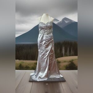 Sparkly Silver Mermaid Ruched Satin Long Corset Prom Dress with Slit Size 16